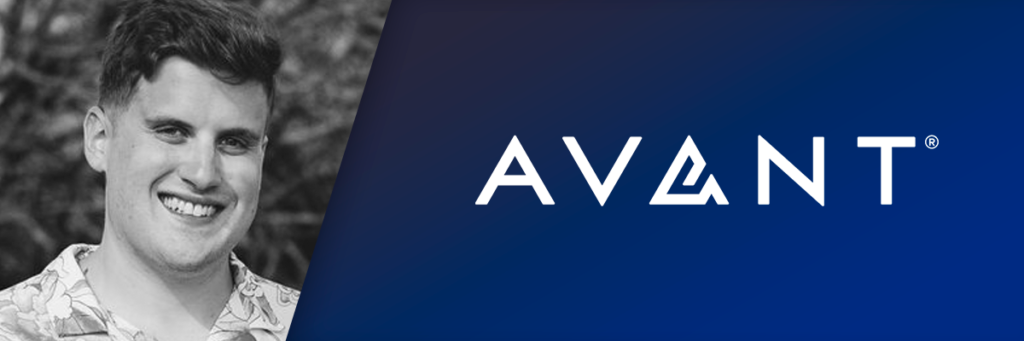 Jonah smiling next to Avant logo on navy blue background